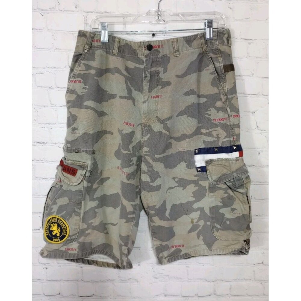 Vintage Tommy Hilfiger Camouflage Shorts w/ Patches Size 32 Unique (Stained)